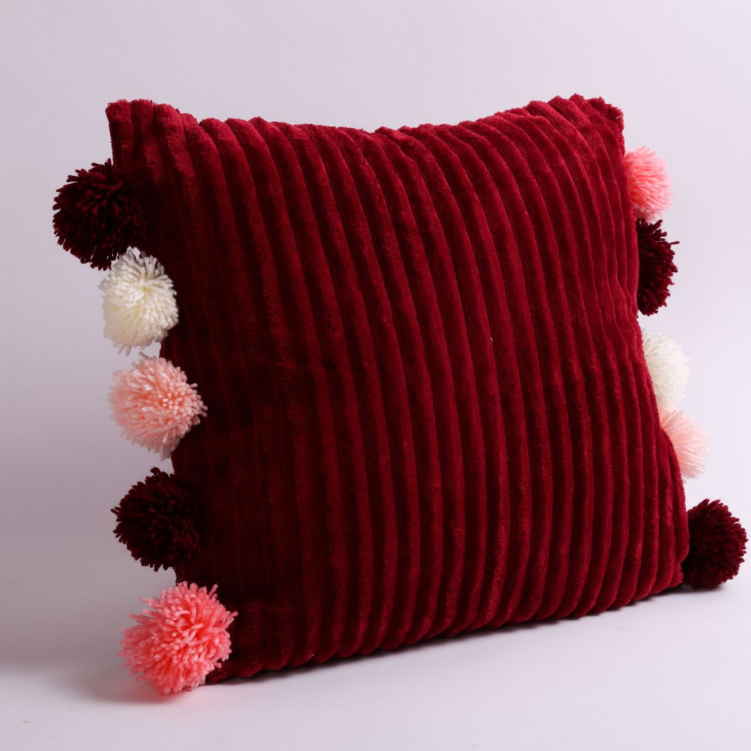 Red fluffy pillow with multi color pom poms – Cozy With Grandma