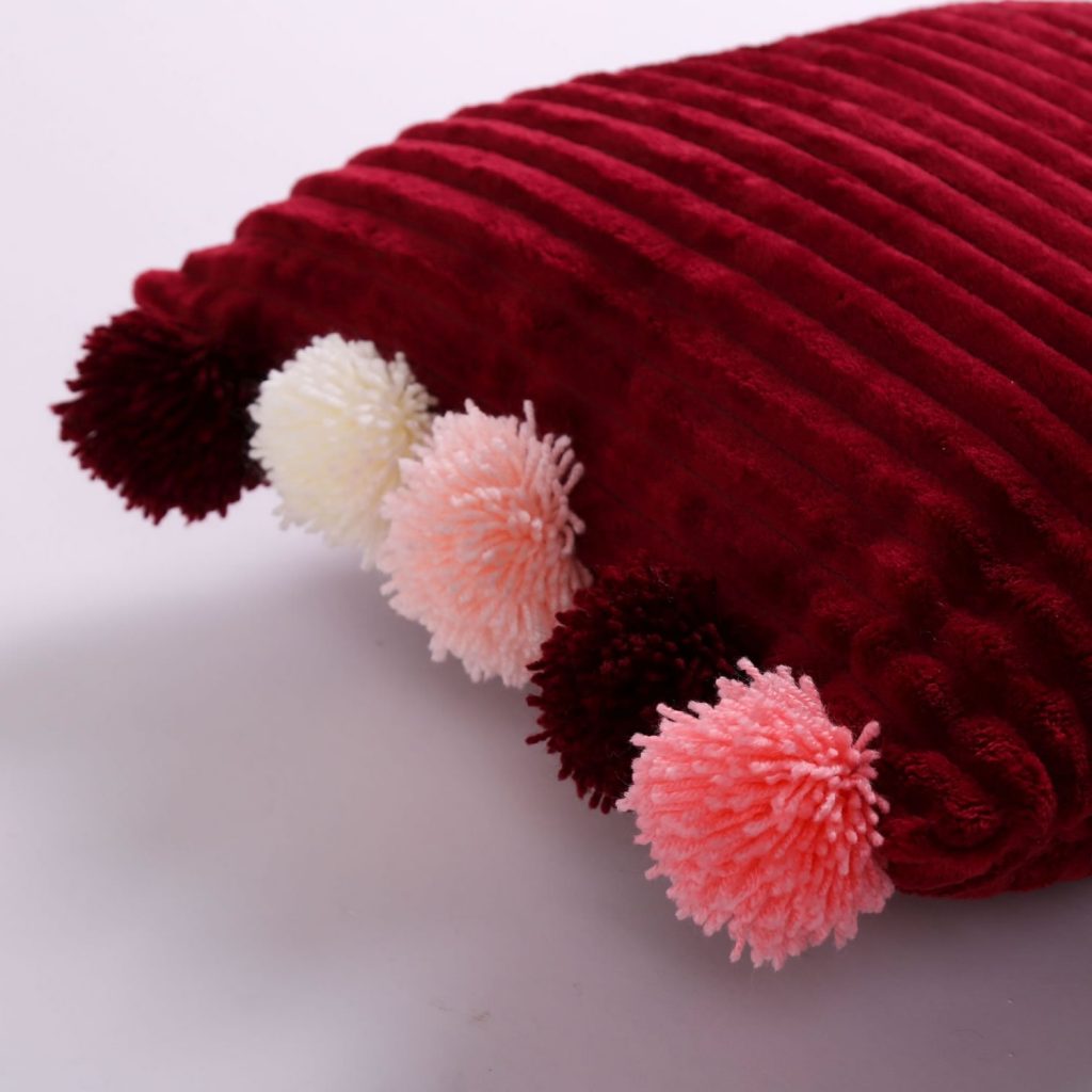 Red fluffy pillow with multi color pom poms – Cozy With Grandma