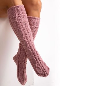 Dusty rose hand knit long socks