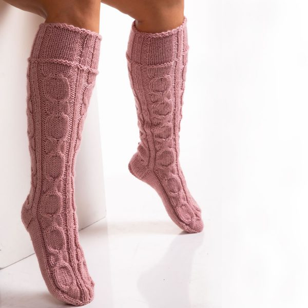 Dusty rose hand knit long socks