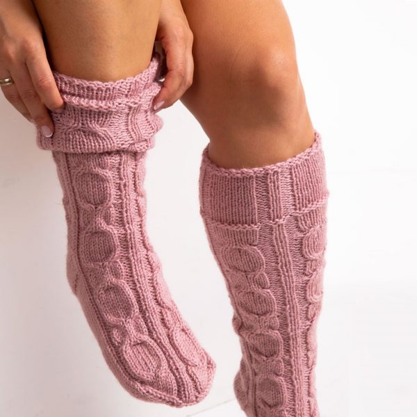 Dusty rose hand knit long socks