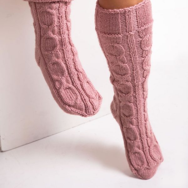 Dusty rose hand knit long socks