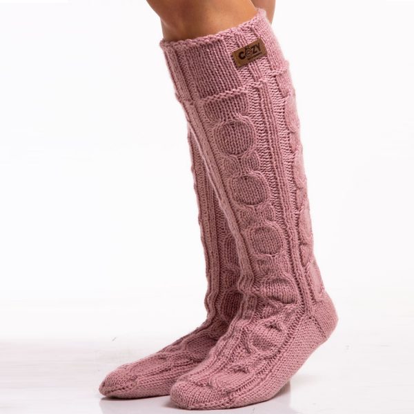 Dusty rose hand knit long socks