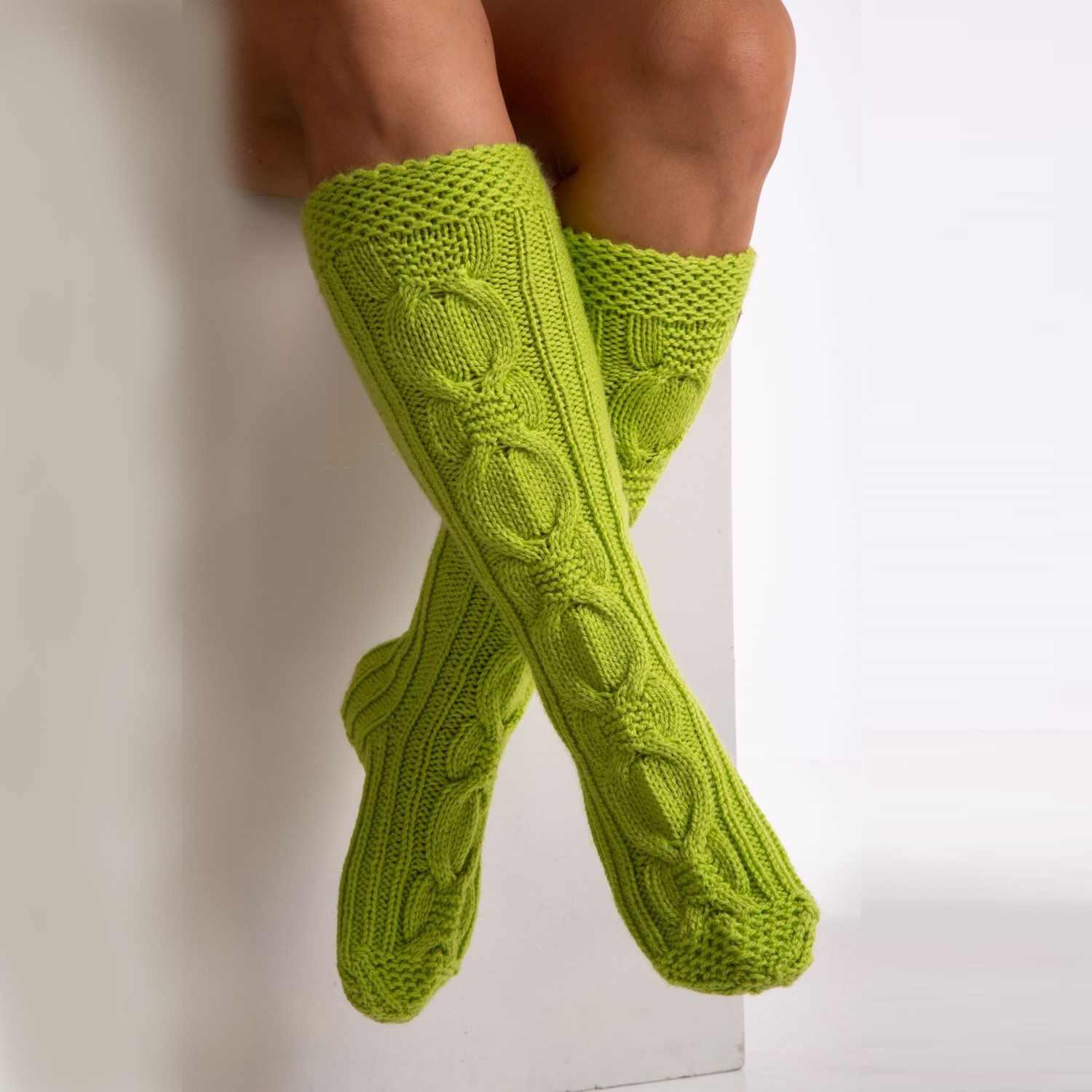 Green long hand knit socks, Cable pattern – Cozy With Grandma