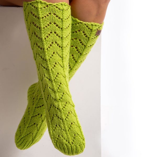 Green long hand knit socks, Zig-zag pattern – Cozy With Grandma