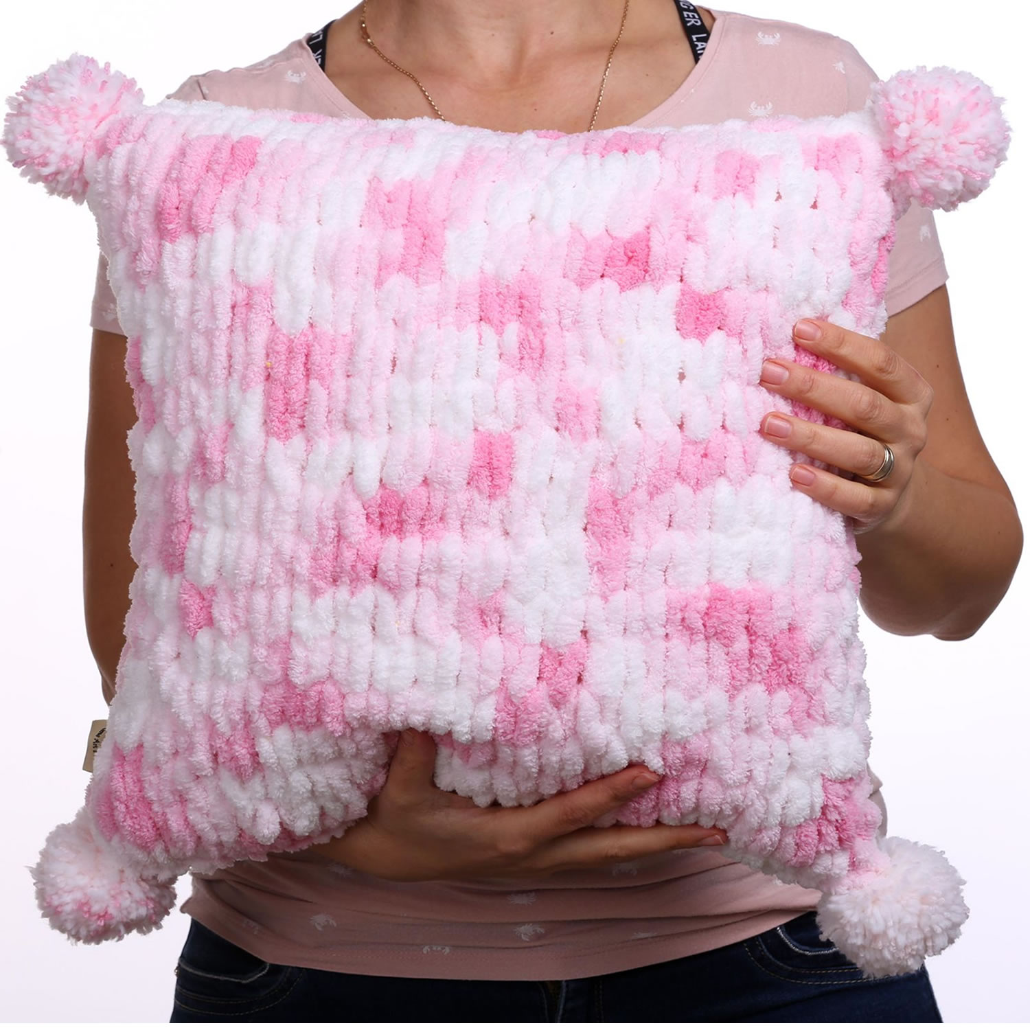 Pink plush pillow with pom poms – Cozy With Grandma