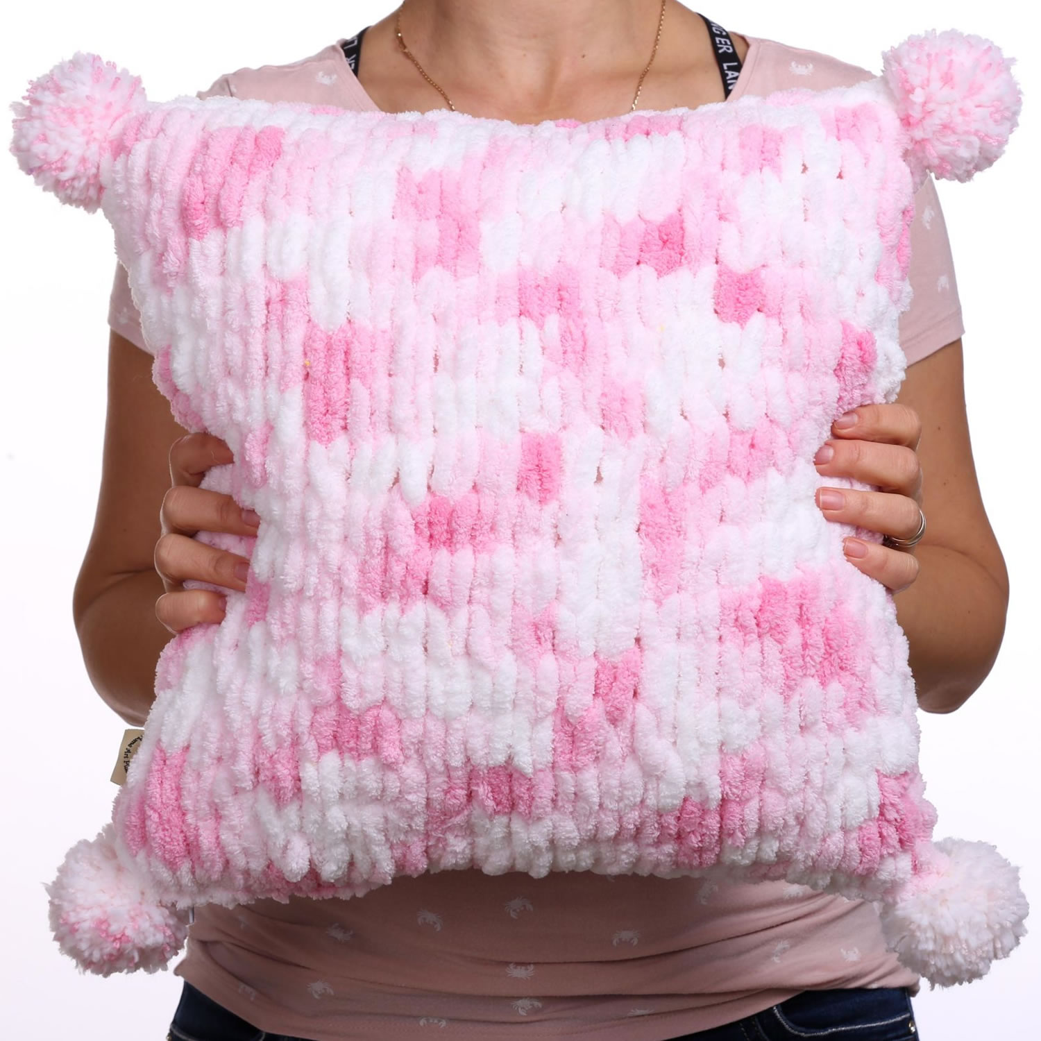 Pink plush pillow with pom poms – Cozy With Grandma