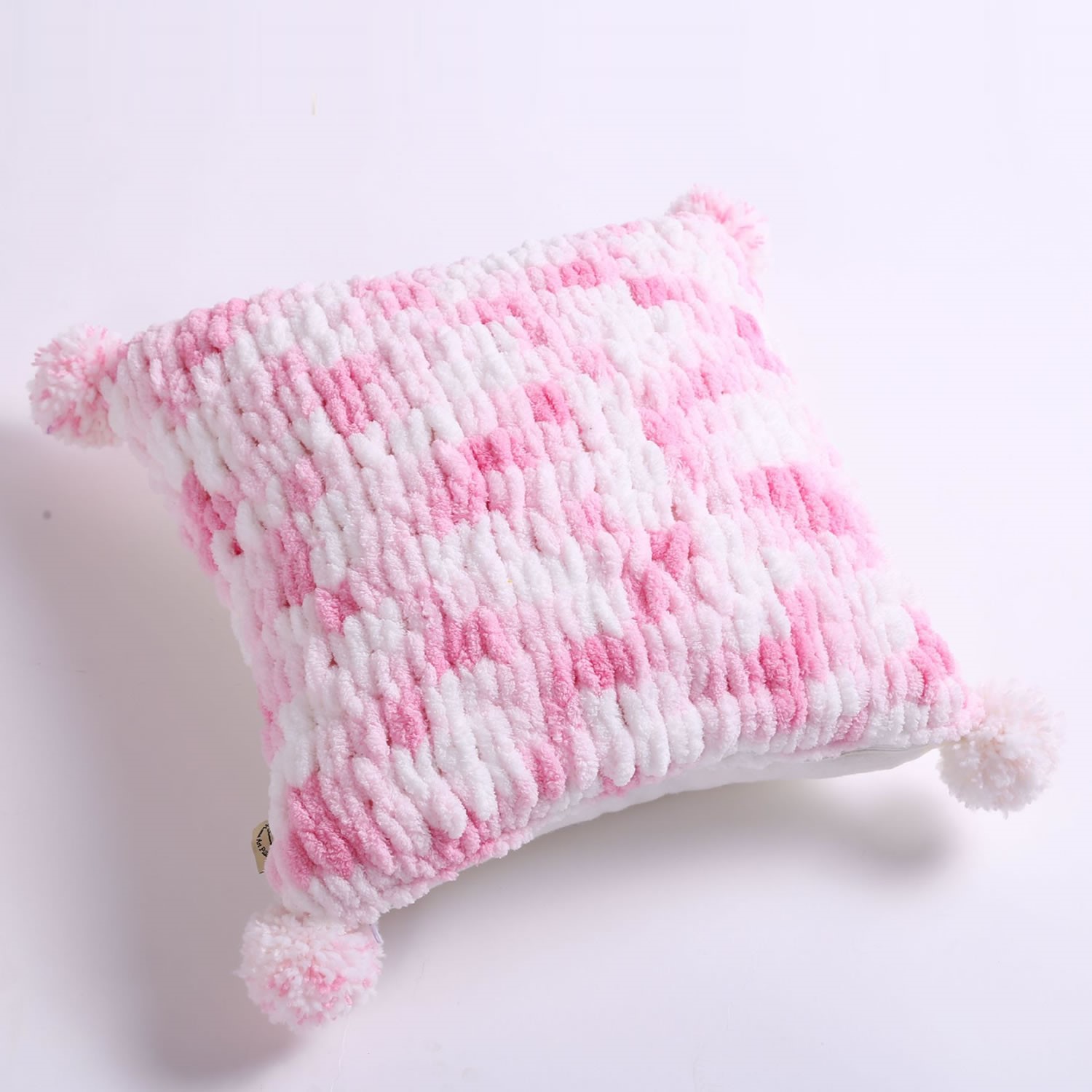 Pink plush pillow with pom poms – Cozy With Grandma