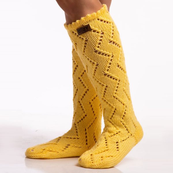 Candy yellow long hand knit socks, Zig-zag pattern – Cozy With Grandma