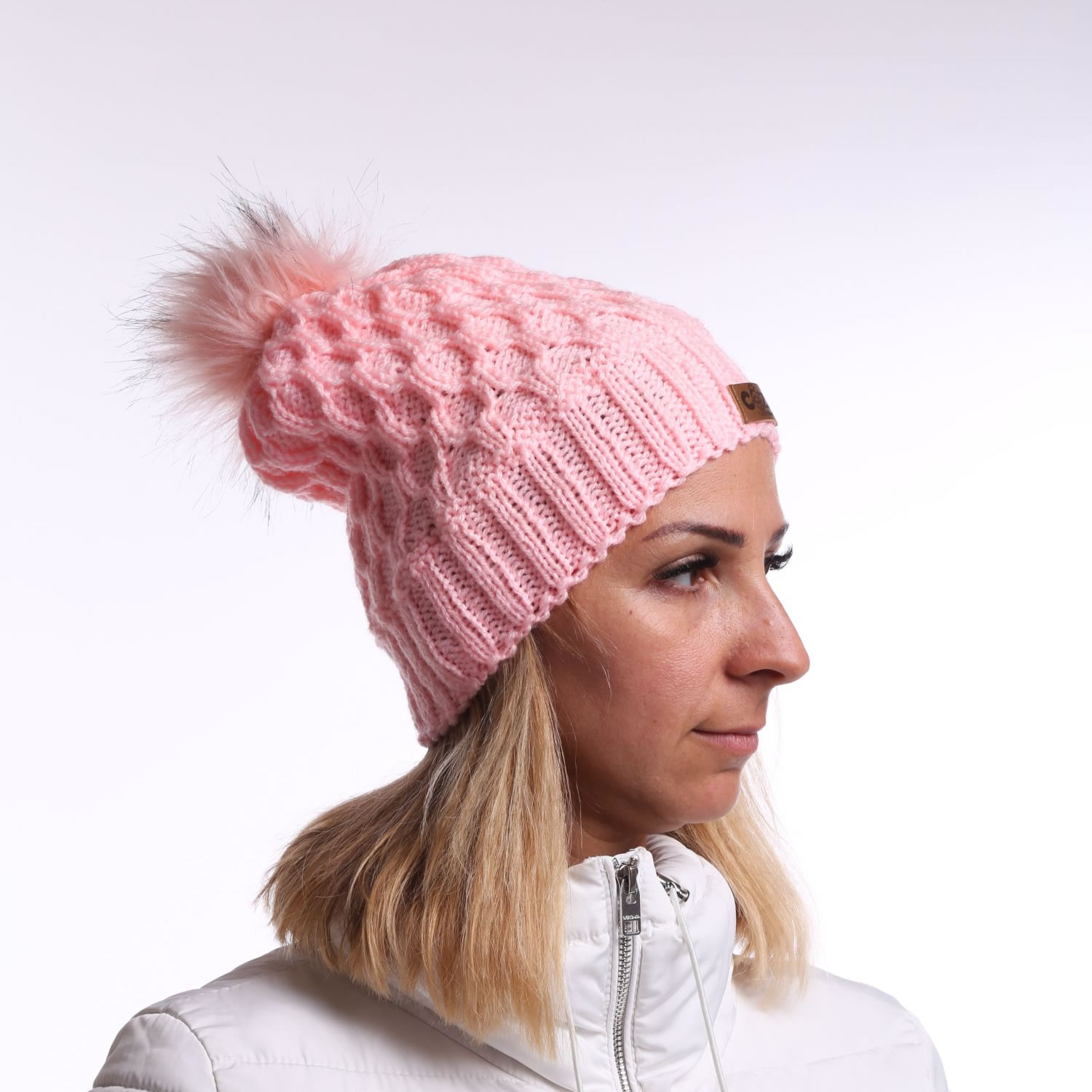 Candy pink hand knit hat with pink faux fur pom pom Cozy With Grandma